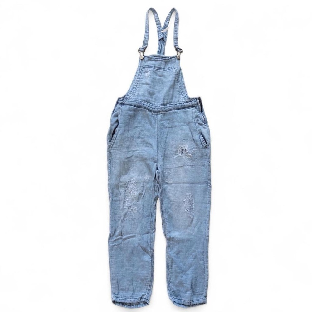 Free People Linen Blend Overalls XS Distressed Denim Blue Boho